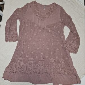 Maria Rerio Fairycore Mauve Crochet Lace Tunic Top Bell Sleeve Size L Boho Chic